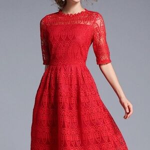 METISU Elegant Luxury Red Lined Lace Fit and Flare Extra Small Dress NWT